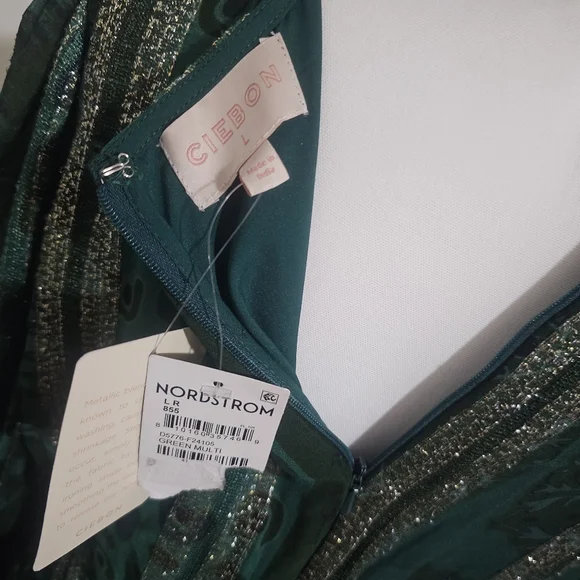 CIEBON Onella Metallic Stripe Chiffon Midi Dress Green Gold NWT Size L - Picture 8 of 11